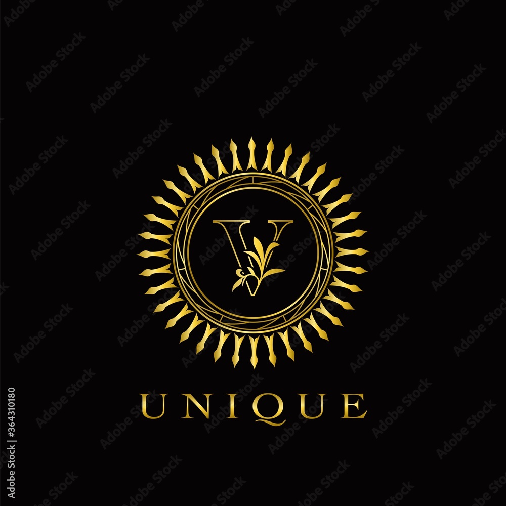 Naklejka premium Golden Circle Deco V Luxury Floral Letter Logo Design. Monogram unique emblem ornate nature floral leaf with initial letter logo