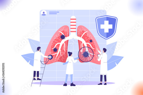 Respiratory System Examination and Treatment. Doctors checking up human lungs. Internal organ inspection check for illness, disease or problems. Pulmonology concept. Isolated vector illustration