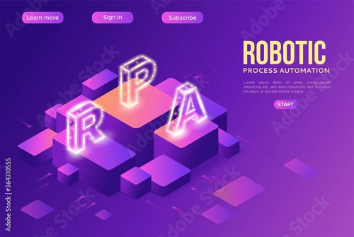 Robotic process automation landing page template with robots working with data, arms moving files, extracting information from websites, digital technology service, 3d isometric vector illustration