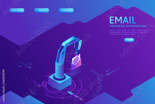 Email robotic automation, robotic arm holding message, analysis of documents, kpi analytics, digital technology in finance, 3d isometric illustration, purple background, website template