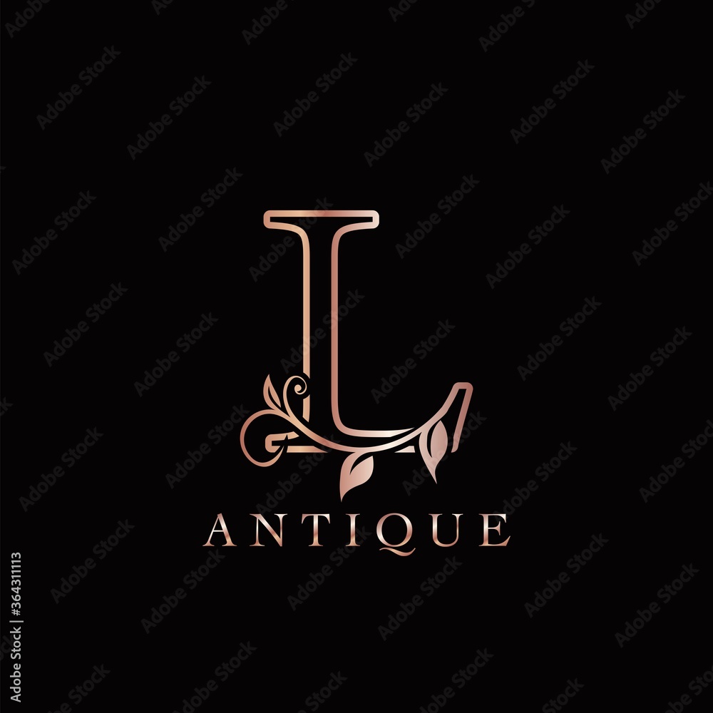 Gold Rose L Luxury Letter Logo Template Design. Monogram antique ornate nature floral leaf with initial letter logo gold rose color