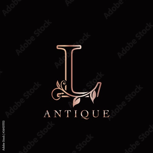 Gold Rose L Luxury Letter Logo Template Design. Monogram antique ornate nature floral leaf with initial letter logo gold rose color