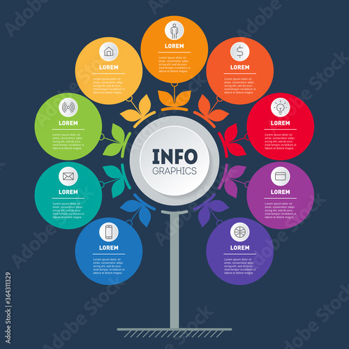 Business presentation or infographics concept with 9 parts and icons. Chart in the shape of a flower, plant. Info graphic of technology or education process with nine steps.