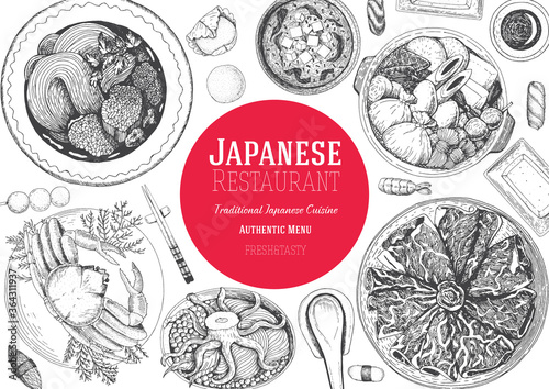 Japanese food menu restaurant. Asian food poster. Top view frame vector illustration. Japanese food engraved design template.