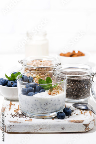 healthy breakfast with chia-pudding and fresh blueberries on white board, vertical