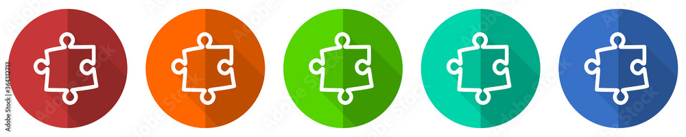 Puzzle icon set, red, blue, green and orange flat design web buttons isolated on white background, vector illustration Puzzle icon set, red, blue, green and orange flat design web buttons isolated on white background, vector illustration