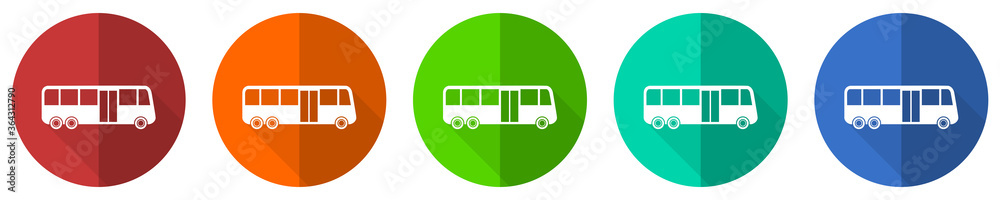 Bus icon set, red, blue, green and orange flat design web buttons isolated on white background, vector illustration Bus icon set, red, blue, green and orange flat design web buttons isolated on white background, vector illustration