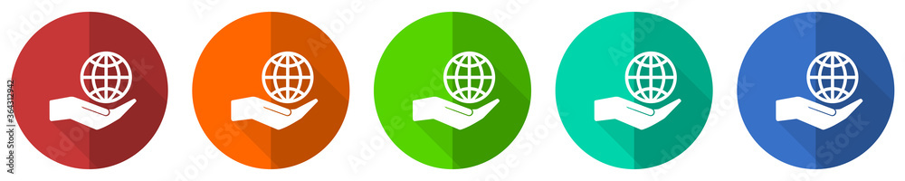 Hand care planet environment icon set, red, blue, green and orange flat design web buttons isolated on white background, vector illustration Hand care planet environment icon set, red, blue, green and orange flat design web buttons isolated on white background, vector illustration