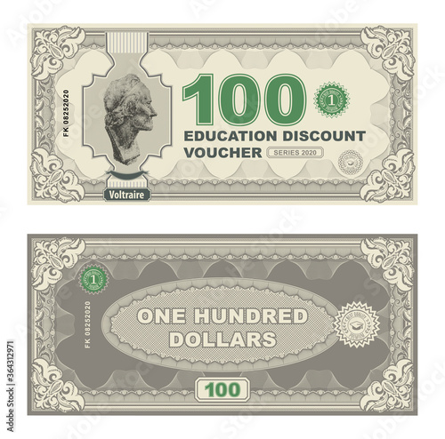Vector money banknotes illustration with portrait of philosopher Voltaire by Jean-Antoine Houdon. classical statue . Back sides of money bills