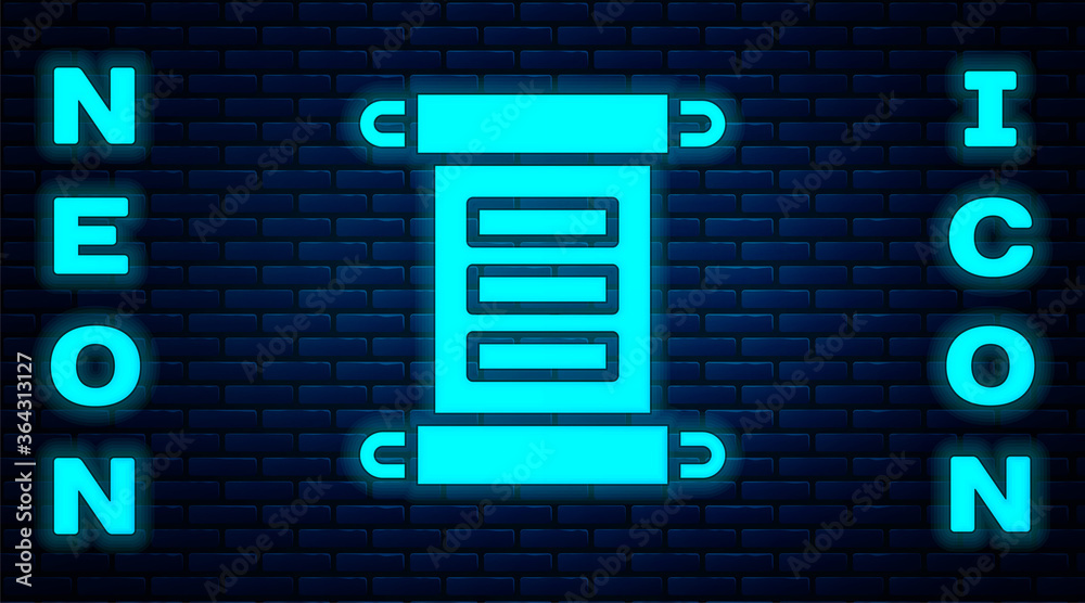 Glowing neon Decree, paper, parchment, scroll icon icon isolated on brick wall background. Vector. Glowing neon Decree, paper, parchment, scroll icon icon isolated on brick wall background. Vector.