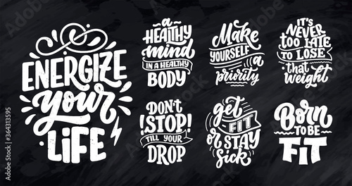 Abstract lettering set about sport and fitness for poster or print design. Healthy lifestyle. Modern calligraphy for business success concept. Handwritten letters. Typography funny quotes. Vector