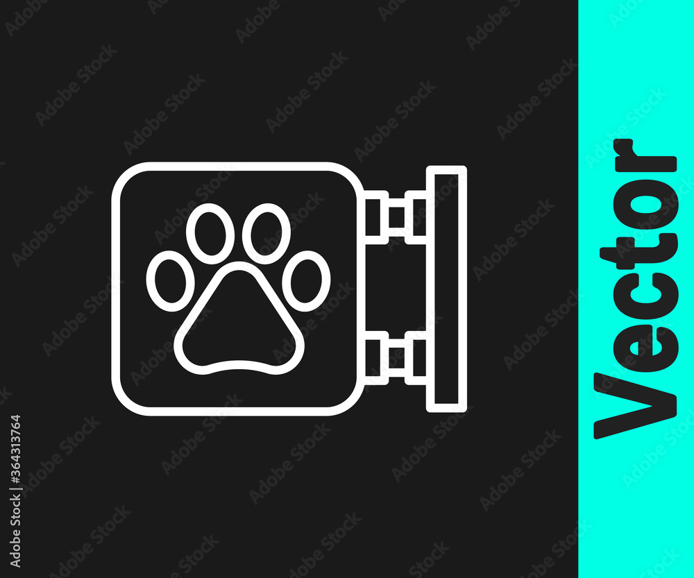 White line Veterinary clinic symbol icon isolated on black background. Cross hospital sign. A stylized paw print dog or cat. Pet First Aid sign. Vector. White line Veterinary clinic symbol icon isolated on black background. Cross hospital sign. A stylized paw print dog or cat. Pet First Aid sign. Vector.