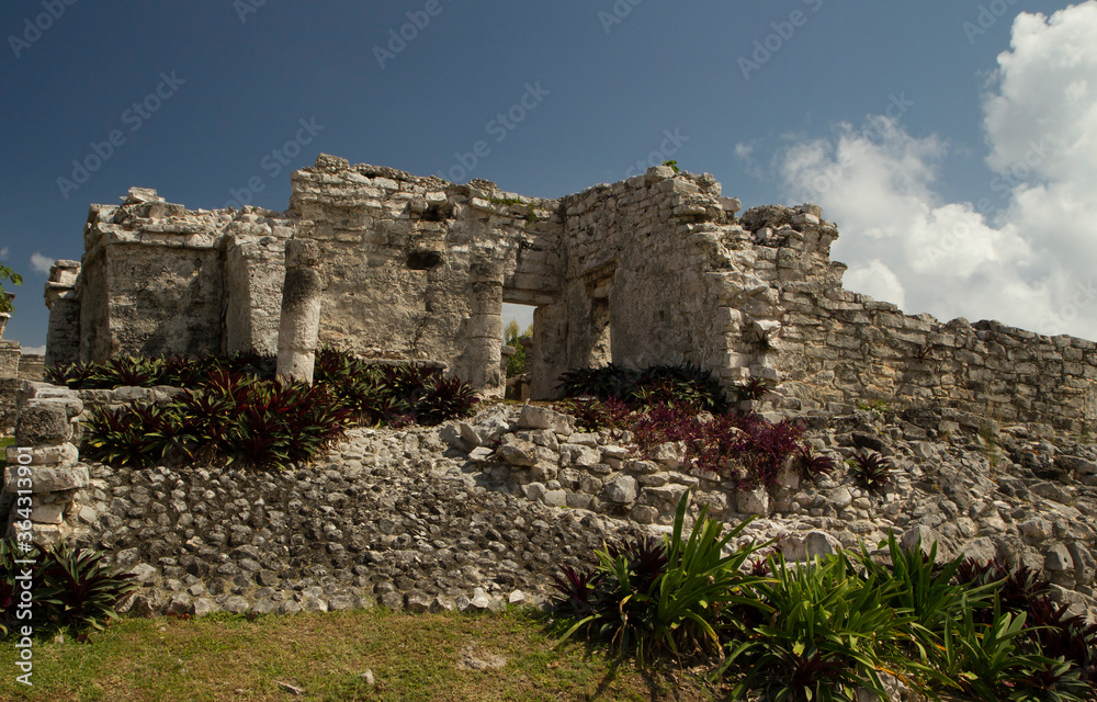 Ancient civilization architecture and construction. Sacred mayan stone ruins in Tulum, Mexico.