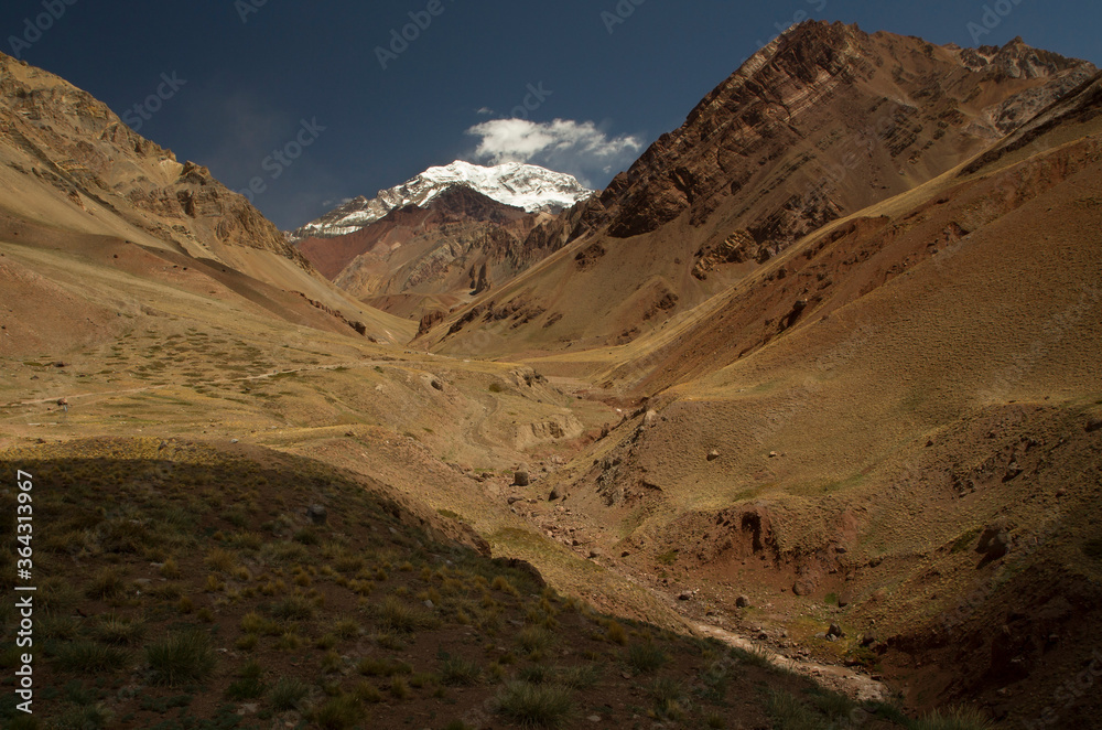 Seven summits. Mountaineering. Dramatic view of the highest peak in America, mountain Aconcagua. 