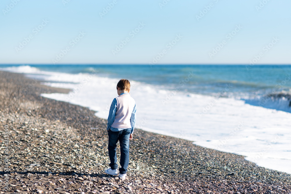 Young baby boy walking along shoreline of beach