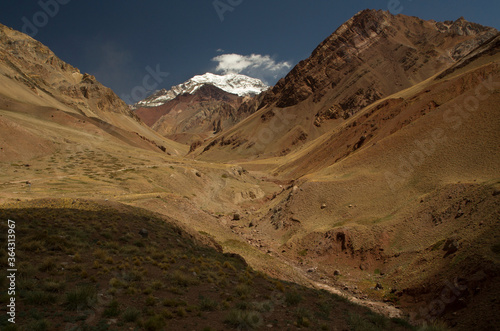 Seven summits. Mountaineering. Dramatic view of the highest peak in America  mountain Aconcagua. 
