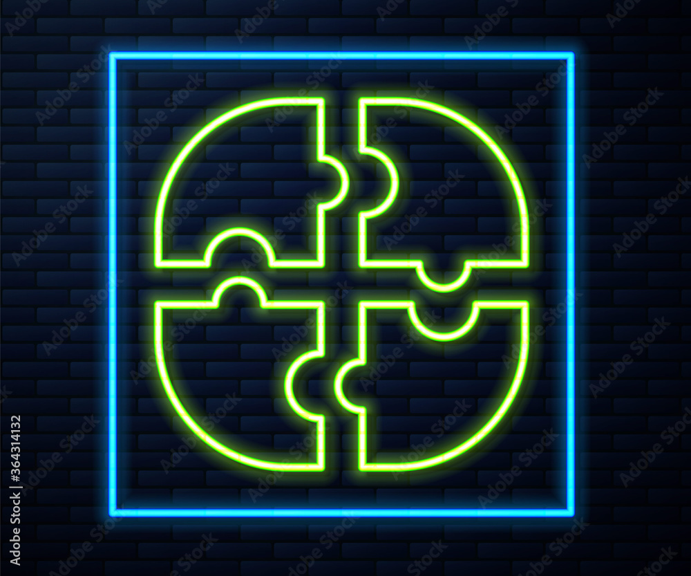 Glowing neon line Piece of puzzle icon isolated on brick wall background. Business, marketing, finance, template, layout, infographics, internet concept. Vector.