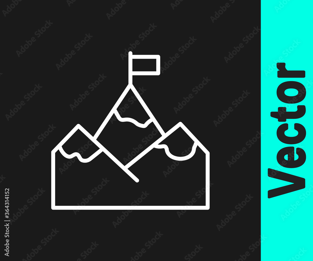 White line Mountains with flag on top icon isolated on black background. Symbol of victory or success concept. Goal achievement. Vector.