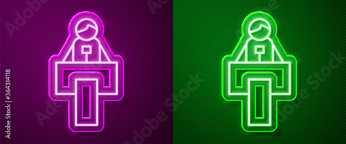 Glowing neon line Stage stand or debate podium rostrum icon isolated on purple and green background. Conference speech tribune. Vector.