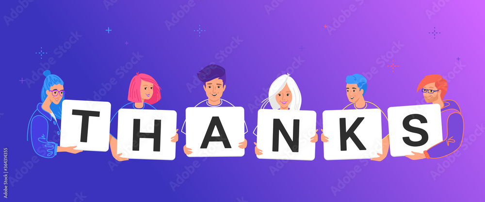 Thank you letters on paper cards. Concept vector illustration of smiling teenage friends holding letters thanks to respect doctors for saving lives and people for a service or invaluable contribution