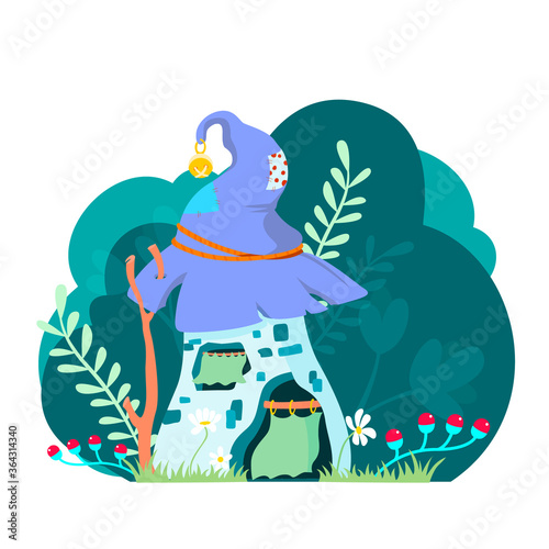 fairy-tale forest house made of an old hat. Children's coloring book. Vector