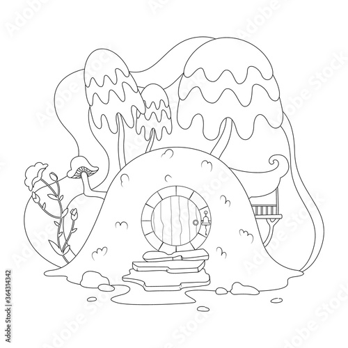 fairy-tale forest house on a hill. Children's coloring book. Vector