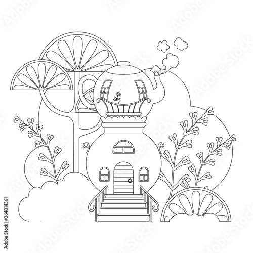 fairy-tale house made of a samovar with a teapot. Children's coloring book. Vector