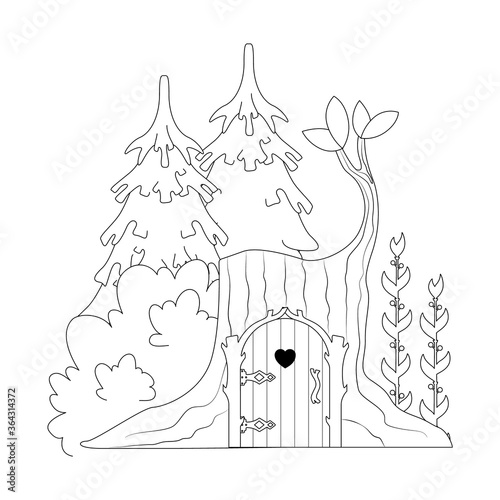 fairy-tale forest house made of a stump. Children's coloring book. Vector