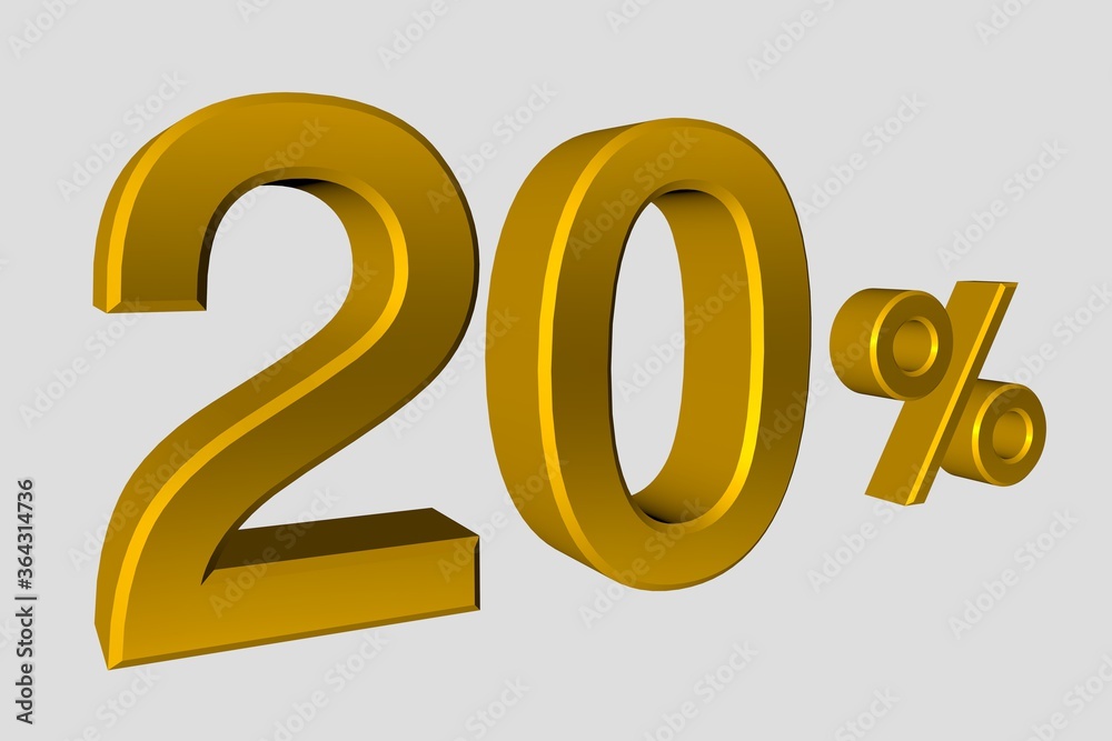 The inscription is 20% of realistic 3D numbers in gold metalic color. Illustration of a twenty percent discount or sale for advertising poster, banner advertising and more. 3d rendering, isolated The inscription is 20% of realistic 3D numbers in gold metalic color. Illustration of a twenty percent discount or sale for advertising poster, banner advertising and more. 3d rendering, isolated