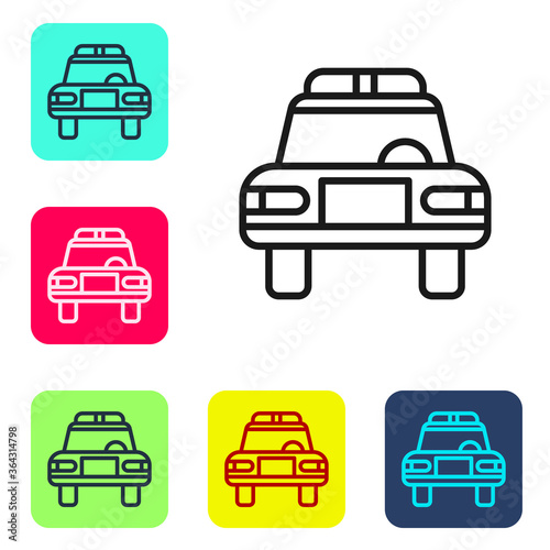 Black line Police car and police flasher icon isolated on white background. Emergency flashing siren. Set icons in color square buttons. Vector.