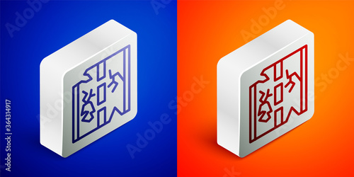 Isometric line Broken road icon isolated on blue and orange background. Silver square button. Vector.