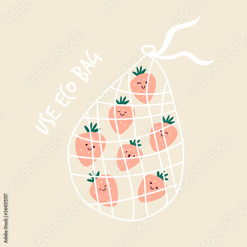 Funny strawberries in reusable mesh shopping bag.