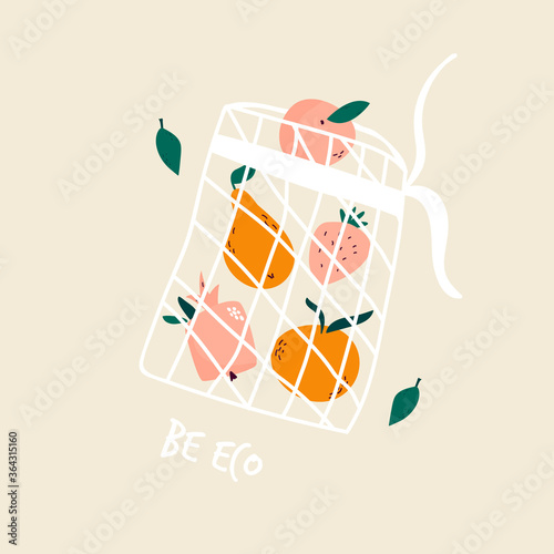 Juicy fruits in reusable mesh shopping bag.