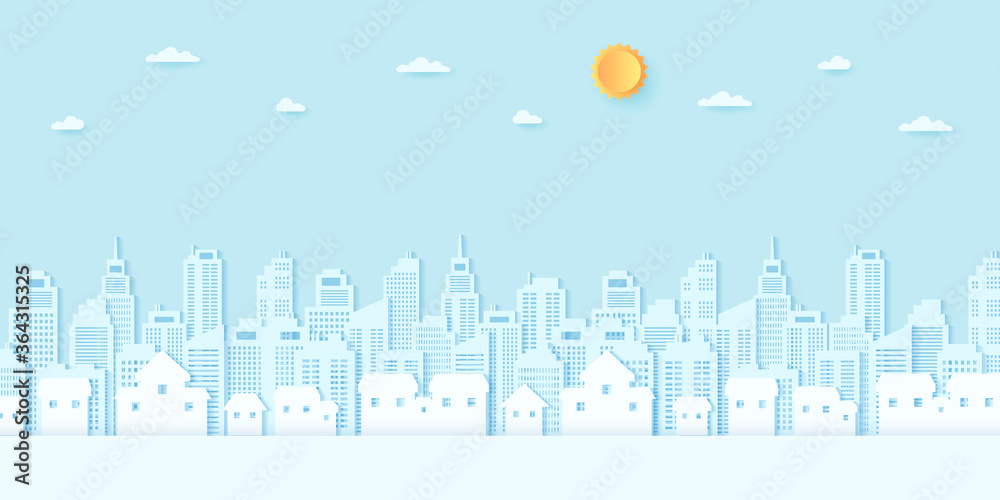 Cityscape, residential, house, buildings with blue sky and sun, paper art style