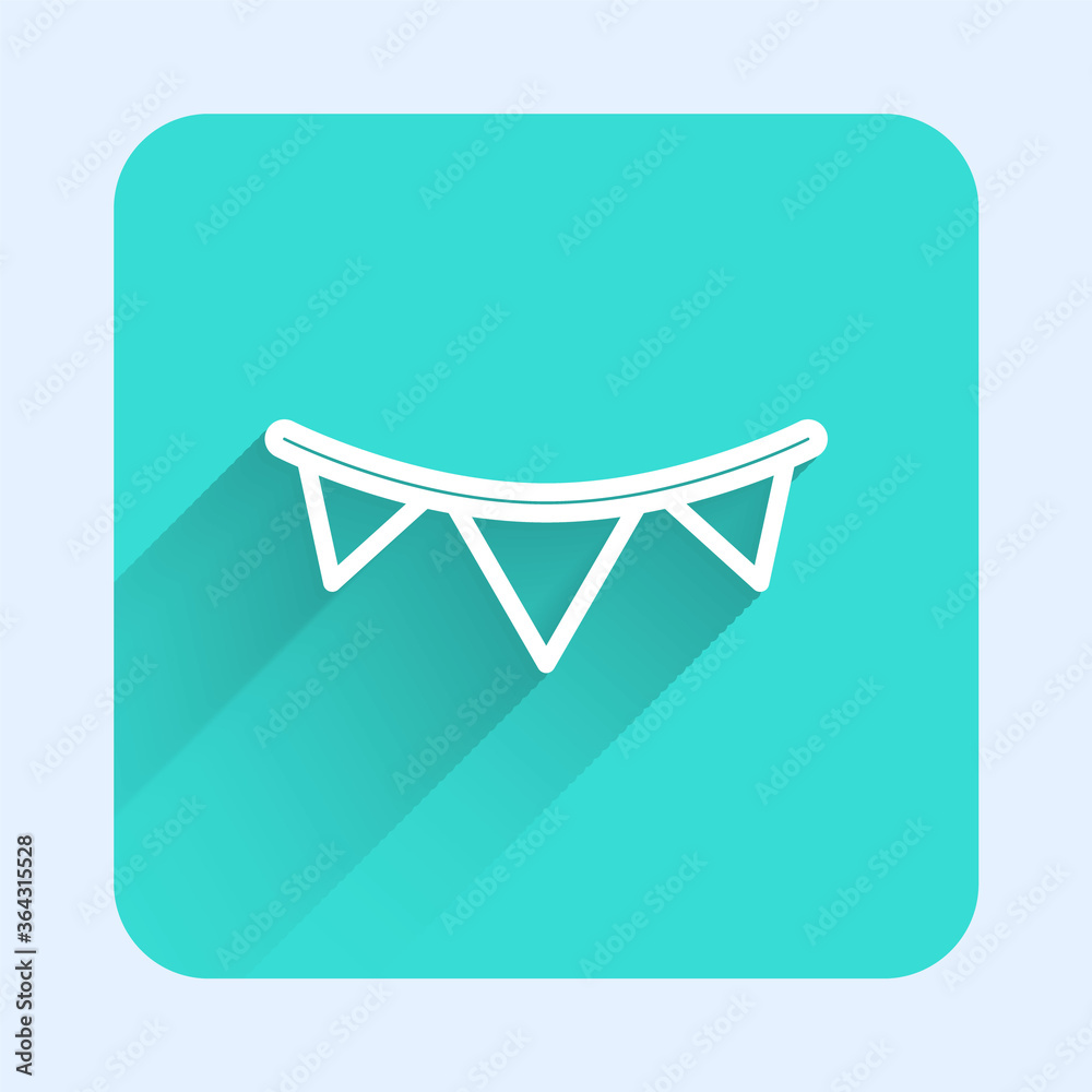 White line Carnival garland with flags icon isolated with long shadow. Party pennants for birthday celebration, festival decoration. Green square button. Vector. White line Carnival garland with flags icon isolated with long shadow. Party pennants for birthday celebration, festival decoration. Green square button. Vector.