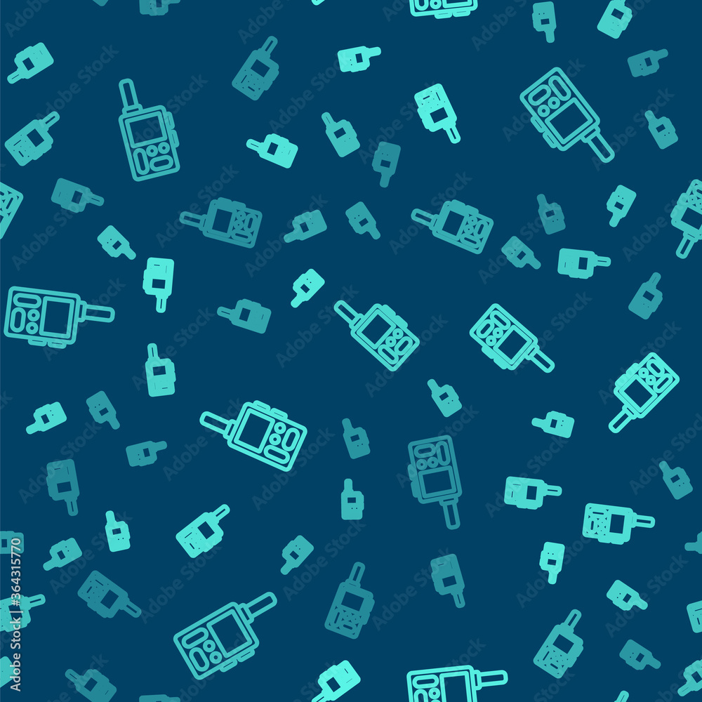 Green line Walkie talkie icon isolated seamless pattern on blue background. Portable radio transmitter icon. Radio transceiver sign. Vector. Green line Walkie talkie icon isolated seamless pattern on blue background. Portable radio transmitter icon. Radio transceiver sign. Vector.