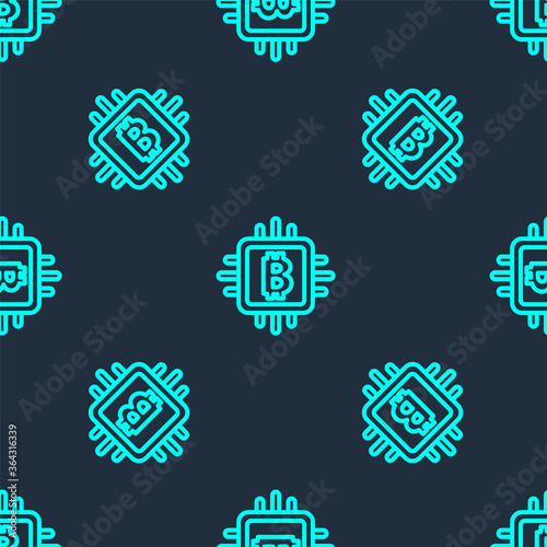 Green line CPU mining farm icon isolated seamless pattern on blue background. Bitcoin sign inside processor. Cryptocurrency mining community. Digital money. Vector.