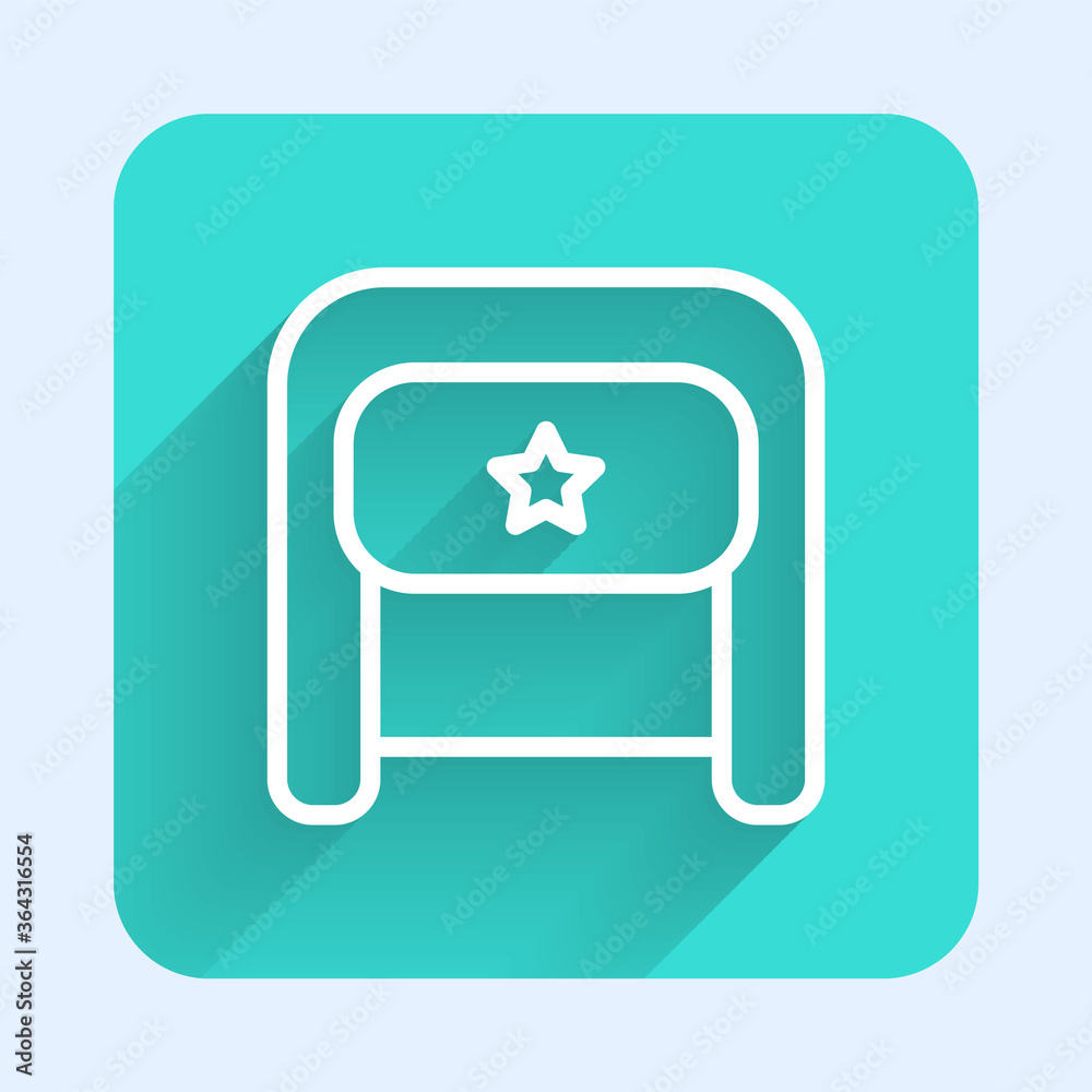 White line Ushanka icon isolated with long shadow. Russian fur winter hat ushanka with star. Soviet Union uniform of KGB and NKVD. Green square button. Vector. White line Ushanka icon isolated with long shadow. Russian fur winter hat ushanka with star. Soviet Union uniform of KGB and NKVD. Green square button. Vector.