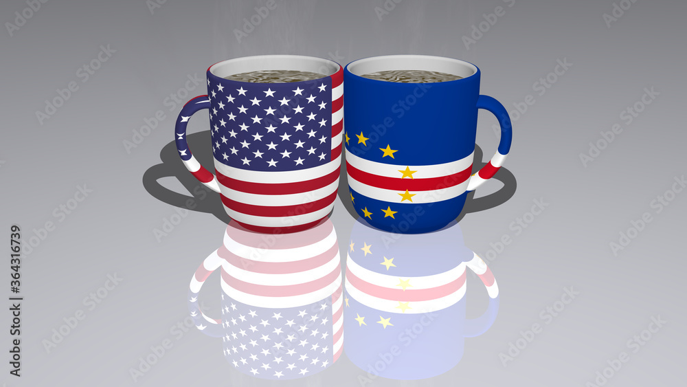 Fototapeta premium UNITED-STATES-OF-AMERICA CAPE-VERDE placed on a cup of hot coffee in a 3D illustration mirrored on the floor with a realistic perspective and shadows