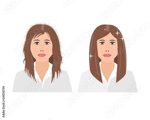 Portrait of upset young woman woman with damaged and fluffy hair before an after keratin straightening treatment. Vector illustration