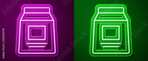 Glowing neon line Sports nutrition bodybuilding proteine power drink and food icon isolated on purple and green background. Vector.