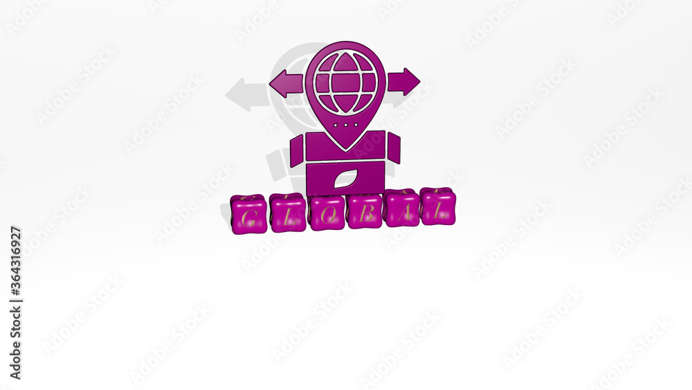 3D representation of global with icon on the wall and text arranged by metallic cubic letters on a mirror floor for concept meaning and slideshow presentation. illustration and business 3D representation of global with icon on the wall and text arranged by metallic cubic letters on a mirror floor for concept meaning and slideshow presentation. illustration and business