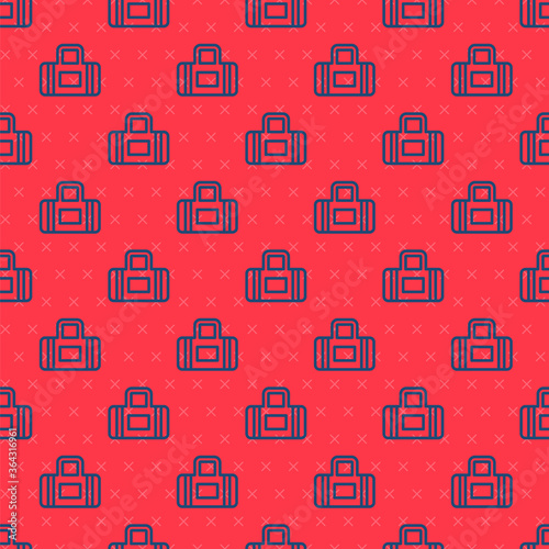 Blue line Sport bag icon isolated seamless pattern on red background. Vector.