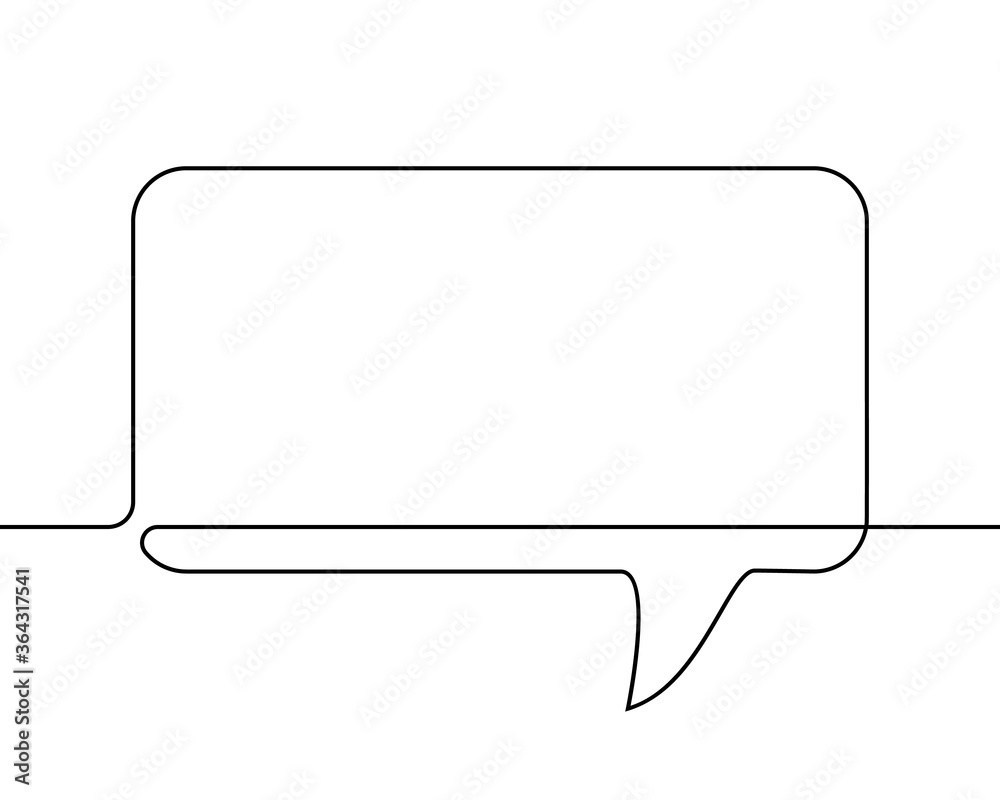 Continuous line drawing of rectangular speech bubble, Black and white vector minimalistic linear illustration made of one line Continuous line drawing of rectangular speech bubble, Black and white vector minimalistic linear illustration made of one line