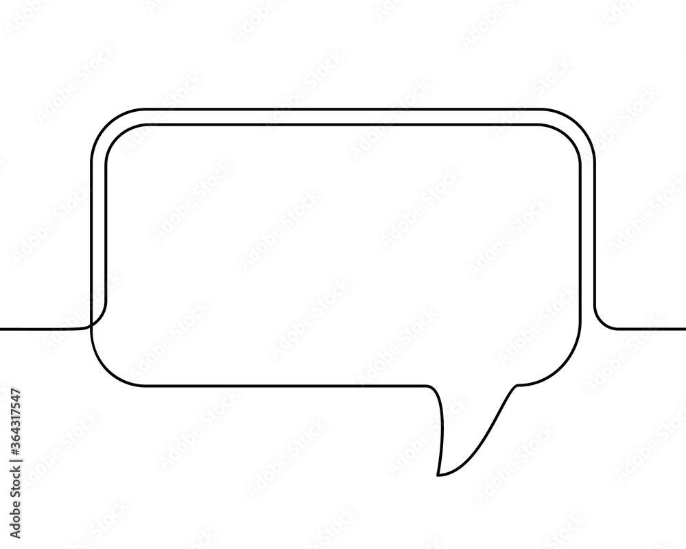 Continuous line drawing of rectangular speech bubble, Black and white vector minimalistic linear illustration made of one line Continuous line drawing of rectangular speech bubble, Black and white vector minimalistic linear illustration made of one line