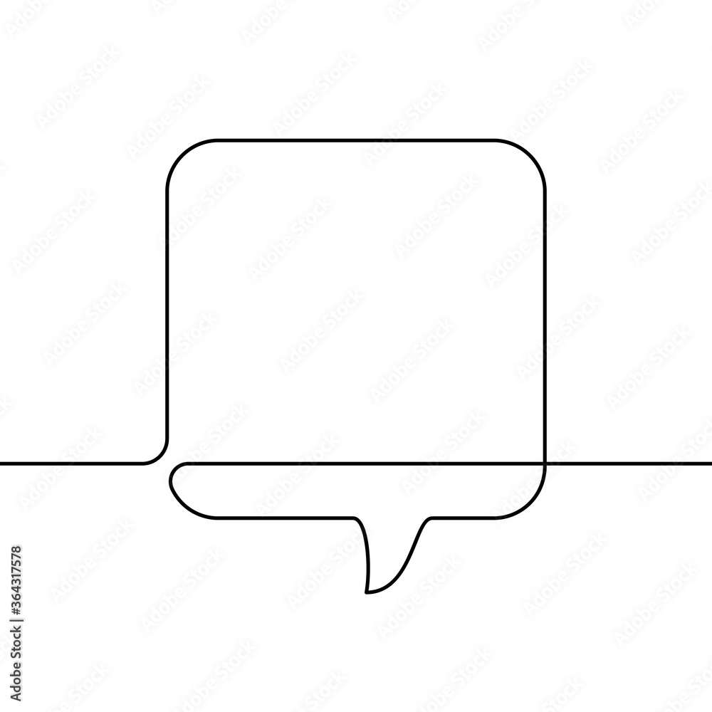 Continuous line drawing of square speech bubble, Black and white vector minimalistic linear illustration made of one line