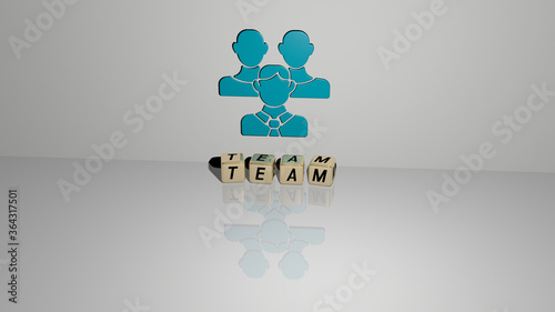 Fényképezés 3D representation of team with icon on the wall and text arranged by metallic cubic letters on a mirror floor for concept meaning and slideshow presentation