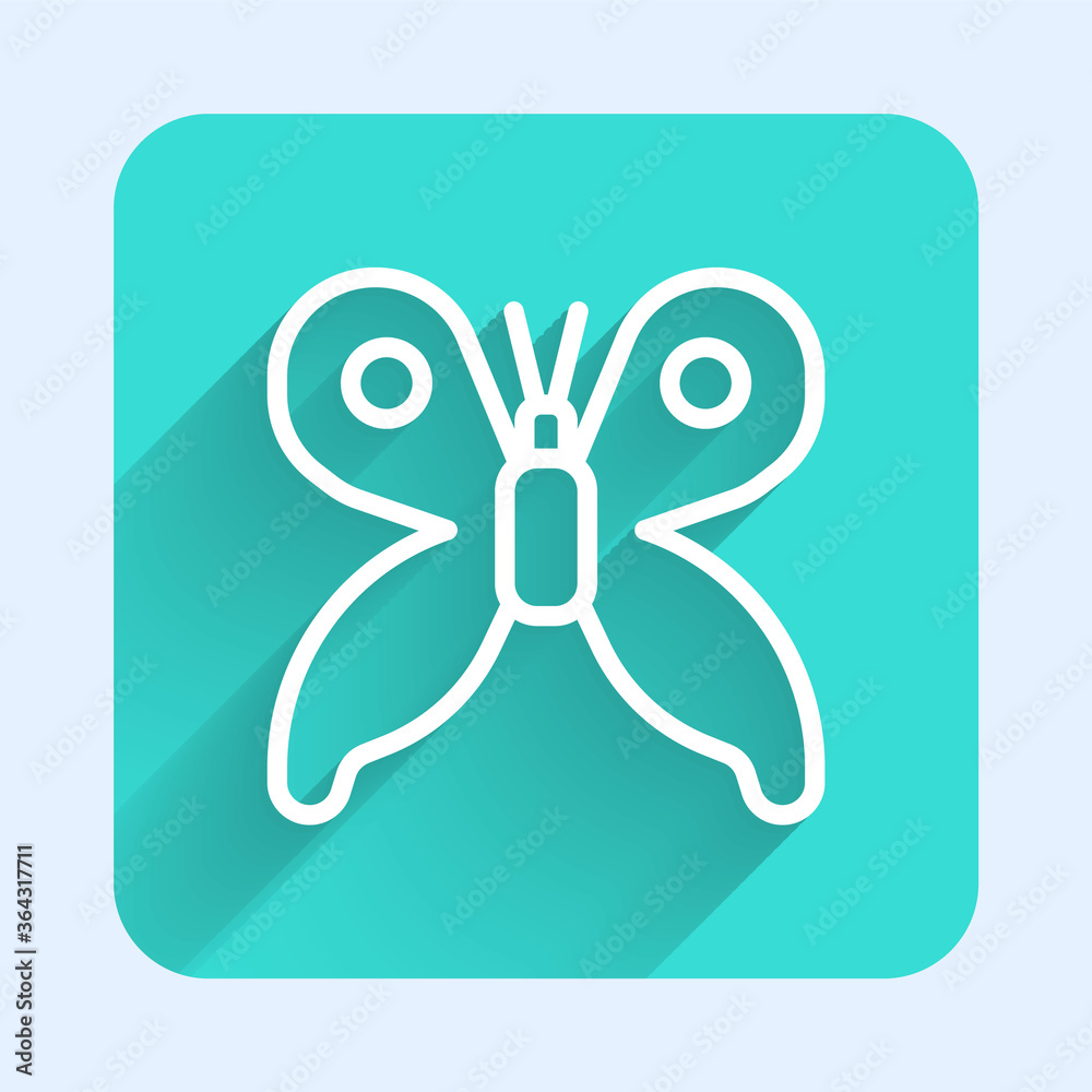 White line Butterfly icon isolated with long shadow. Green square button. Vector. White line Butterfly icon isolated with long shadow. Green square button. Vector.