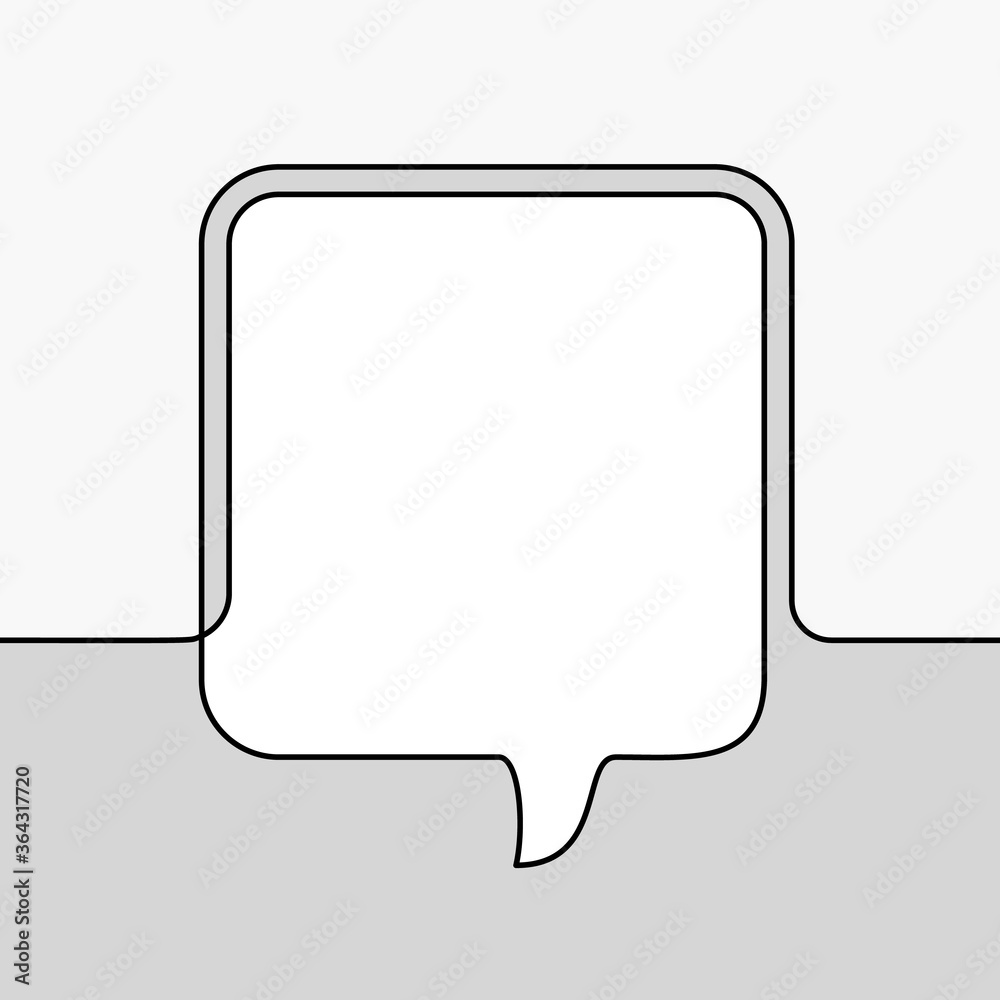 Continuous line drawing of square speech bubble, Vector minimalistic linear illustration made of one line on grayscale background Continuous line drawing of square speech bubble, Vector minimalistic linear illustration made of one line on grayscale background