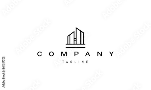 Vector logo on which an abstract image of two modern buildings resembling the letter H.